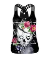 Schwarzes Tanktop mit 3D-Totenkopf-Blumendruck und gekreuztem Mehrriemen-Design - S / Skelett Rose Druck (B104-052) / Schwarz