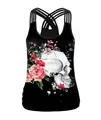 Halloween Tanktop für Damen in Schwarz mit 3D-Totenkopf-Blumenprint und Trägerdetails - S / Realistischer Skelett-Blumendruck (B104-053) / Schwarz