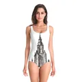 White one-piece swimsuit featuring black architectural sketch print and U-neckline - S/M / White Black Hand-drawn Architecture Style (B126-121)
