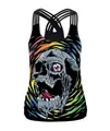 Women's black tank top with 3D skull print and cross-strap back design - Rainbow Swirl Skull (B104-055)