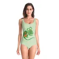 Light green one-piece swimsuit for women with folk style mouse and floral pattern print - Light Green Chinese Zodiac Rat Style (B126-124)