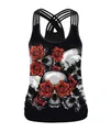 Women's black Halloween camisole with gothic skull and red rose floral print - Multi-Skull Red Rose Style (B104-060)