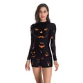 Abito corto aderente di Halloween da donna con stampa di zucca arancione su nero - S / Stampa Zucca (WB143-004)