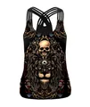 Chaleco negro de mujer con estampado de león y calavera y cordones cruzados - S / Estilo León Esqueleto Colorido (B104-063)