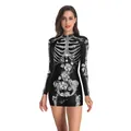 Slim fit black long sleeve mini dress featuring white skeleton and rose floral prints - S / Black Skull Rose (WB143-002)