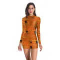 Slim fit long sleeve orange Halloween dress with 3D black spider and web print - Top-Orange Spider Web (WB143-006)