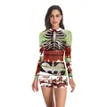 Women's Halloween costume dress featuring skeletal bone prints and red blood splatters - Top-Green Skeleton Blood (WB143-007)