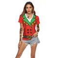 T-shirt rouge de Noël pour femmes avec col en V et imprimé costume d'elfe pixelisé - Style Elfe Pixel Rouge (SB136-010)