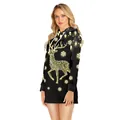 Black Christmas hoodie dress with golden reindeer and snowflake digital print - S / Reindeer Print Style (SB150-002)