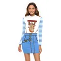 Slim fit Christmas dress with reindeer print and blue striped sleeves for women - S / Reindeer Contrast Color (SB143-004)