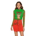 Slim fit long sleeve Christmas dress with green reindeer top and red pixel print skirt - S / Red Green Pixel (SB143-006)