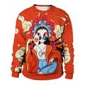 Rood sweatshirt met ronde hals en 3D-digitale print van een modern Peking-opera-meisje - L / Rode Peking Opera Meisje Stijl (B102-051)
