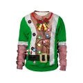 Ugly Christmas sweater featuring 3D realistic hairy chest print with festive vest details - M / Tops / Green Vest Reindeer Tattoo Hairy Chest Style (SB102-031)