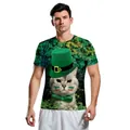 St. Patrick's Day 3D cat print T-shirt with green Irish hat for festive parties - Green Hat Cat Pattern (B129-9142)