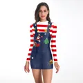 Enges Kleid mit 3D-Weihnachtsdruck, Weihnachtsmann-Motiv und gestreiften Ärmeln - Faux Denim Kontrast (SB143-002)