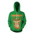 Felpa con cappuccio natalizia verde con stampa renna 3D e coulisse bianca per uomo e donna - Stile Renna con Occhiali da Sole Treccia Verde (SB101-069)
