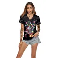 T-shirt noir col en V pour femme avec imprimé de renne de Noël et guirlandes lumineuses - S / Style Renne Noir (SB136-012)