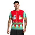 Red Christmas T-shirt with llama graphics and green striped sleeves for men - Alpaca and Striped Sleeves (SB129-9008)