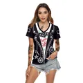 T-shirt col en V pour femmes avec imprimé renne de Noël noir et effet costume 3D - Style Illusion Chemise de Costume (SB136-011)