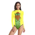 Maillot de bain manches longues jaune pour femme avec imprimé créature fantastique - Style d'Impression de Dessin Animé Jaune (B120-030)