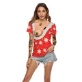 T-shirt de Noël rouge pour femme avec imprimé flocons et col en fausse fourrure - Style Col Fourrure Flocon de Neige Rouge (SB136-008)