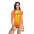 Maillot de bain manches longues orange pour femme avec imprimé graphique de chien - Style de Personnage de Dessin Animé Orange (B120-029)