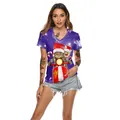 T-shirt violet à col en V pour femmes avec imprimé de chats festifs sur un scooter rouge - Style Chat en Scooter Violet (SB136-015)