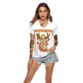 T-shirt blanc col en V pour femmes avec imprimé de renne de Noël et coupe ajustée - Style Renne Néon Blanc (SB136-004)
