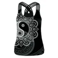 Women's 3D floral Yin Yang print criss-cross back tank top in black with mandala art detail - M / Black Mandala Tai Chi Style (B104-069)