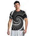 Heren zomer t-shirt met zwart-witte 3D-spiraalprint en een klassieke ronde halslijn - Zwart-Wit Geometrisch Vortex Patroon (B129-9150)
