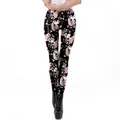 Legging noir moulant avec imprimé chat de dessin animé 3D et fleurs roses d'Halloween - Motif Chat Et Fleurs (KDK2025)
