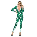 Body femme Saint-Patrick vert foncé à imprimé trèfles avec bordure en fausse fourrure blanche - Combinaison Trèfle Vert Foncé Col Fourrure (B142-203)