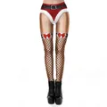 Christmas themed leggings with santa belt print, red bows and black fishnet patterns - S / Santa Belt Fishnet Bow Style (SKDK124)