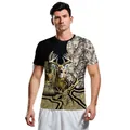 Heren T-shirt met realistische hertenprint en camouflage patchwork op zwarte stof - S / Wild Hertenkop Camo Patchwork (B129-9160)