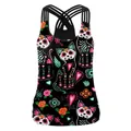 Women's black tank top with Mexican Sugar Skull cat print and crisscross back design - S / Mexican Day of Dead Cat Style (B104-071)