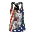 Women's slim tank top featuring USA flag cat print and crisscross strappy back design - Bowtie White Cat Flag Style (B104-082)