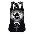 Black halter tank top with 3D occult floral print and cross back straps - All-Seeing Eye Ankh Occult Style (B104-076)