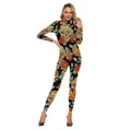 Slim fit jumpsuit with Halloween sugar skull and orange rose floral prints on black - S / Day Of The Dead Skull Rose (B142-112)