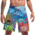 Dettaglio della stampa con pesci tropicali e delfini su pantaloncini da mare uomo ad asciugatura - M / Motivo Mondo Sottomarino (B134-030)
