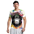 T-shirt homme blanc à manches courtes avec imprimé numérique 3D singe coloré - Impression Chimpanzé Cool (B129-9234)