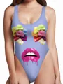 Badeanzug im Wonder-Woman-Stil mit 3D-Eiscreme- und Lippendruck in Lavendel - M / Oberteil Und Unterteil / Kreativer Rosa Lippen Eiscreme Druck (WB149-001)