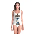 White one-piece swimsuit featuring a vintage bronze hourglass with deep blue sand print - S/M / Dresses / White Hourglass Print (B126-101)