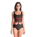 Women's black one-piece swimsuit featuring a pink flamingo heart print and U-neckline - Black Flamingo Print (B126-151)