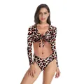 Women's leopard print long sleeve two-piece swimsuit with high cut bottoms - S/M / Two-Piece Leopard (B120-102)