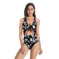 Sexy leopard print one-piece swimsuit with 3D digital floral pattern and mesh long sleeves - S/M / Black Daisy Print (B120-103)