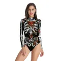 Dettaglio del costume a maniche lunghe con stampa di scheletro e rose per Halloween - Stile Stampa Farfalla Rosa Bacino Costola Nera (WB120-015)