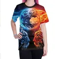 3D digital lion print t-shirt featuring glowing earth and fire-ice leopard design - S / Tops / Ice Fire Leopard (B121-130)