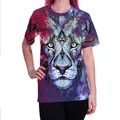 Women's crew neck T-shirt featuring a vibrant 3D lion print with mandala geometric patterns - S / Tops / Psychedelic Lion (B121-134)