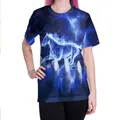 3D digital print T-shirt with blue flame horse and monster claws on deep blue fabric - S / Tops / Blue Fire Horse (B121-129)