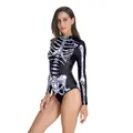 Halloween skeleton print long sleeve bodysuit with holographic silver bone design - L/XL / Skeleton Print (WB120-004)